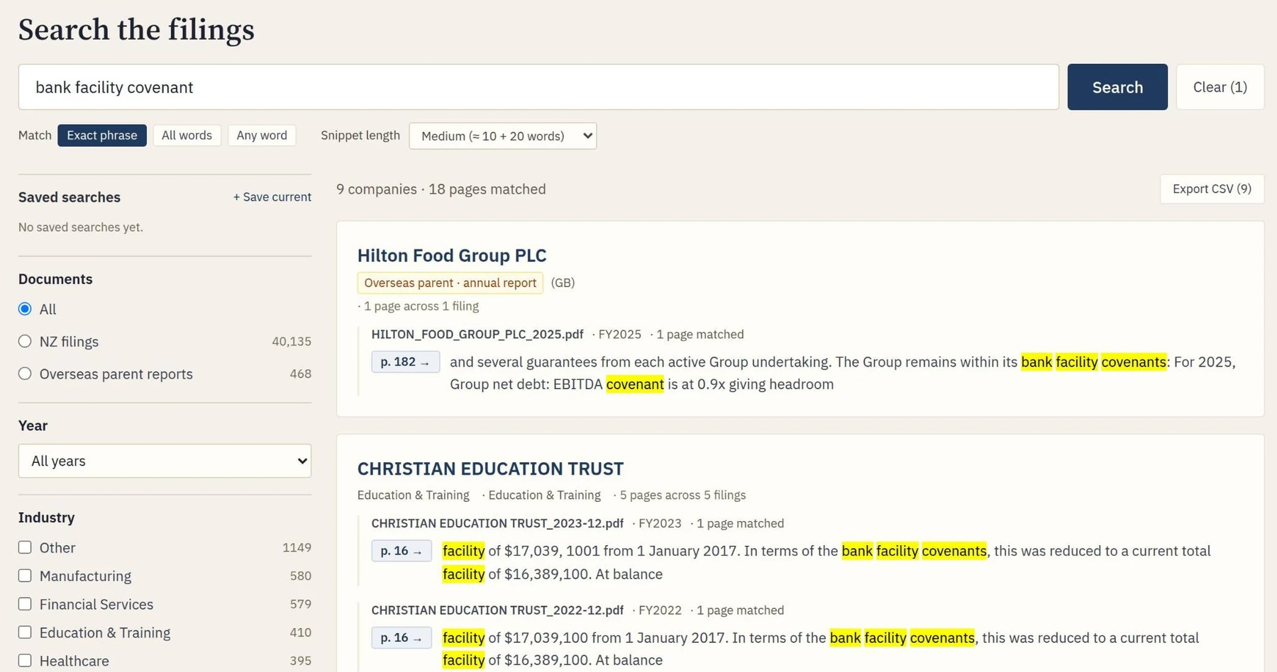 Search inside 61,000 filings: a screenshot of AquilaLens
